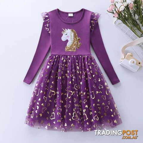 purple / 5-6YZippay Girls Autumn Long Sleeve Mesh Cartoon Unicorn Dress