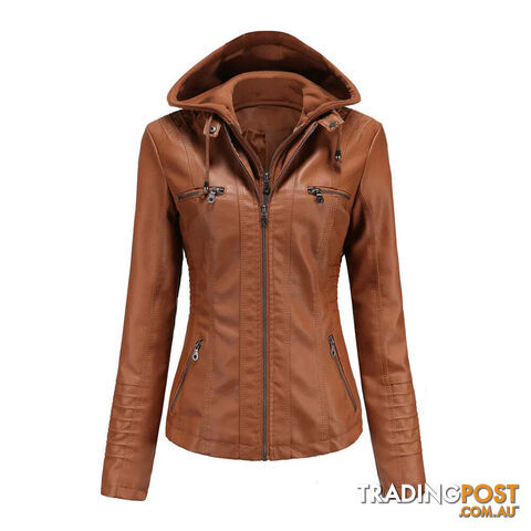 camel / XXXXLZippay Plus Size Women Hooded Leather Jacket Removable Leather Jacket