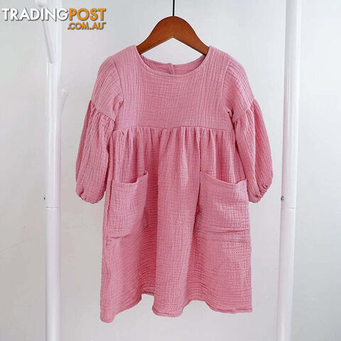 Dusty-Pink / 6TZippay Children's Organic Cotton Double Gauze Loose Pockets Baby Girls Dress Fashion Princess Casual Kids Dresses