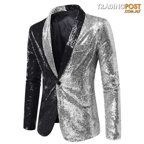 X22 Black Silver / US Size XLZippay Shiny White Sequin Glitter Blazer for Men One Button Peak Collar Tuxedo Jacket Mens Wedding Groom Party Prom Stage