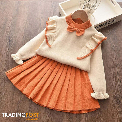 Orange / 5TZippay Casual Girls Dress Knitting Kids Suit Winter Long Sleeves Princess Top and Skirt 2pcs Outfits Sweater Kids Clothes