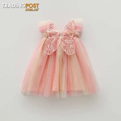 Orange Pink Rainbow / 3TZippay Girls Organza Wings Rainbow Mesh Dress Sleeve Baby Princess Dress Birthday Party