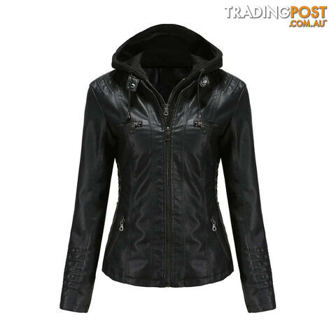 Black / XLZippay Plus Size Women Hooded Leather Jacket Removable Leather Jacket