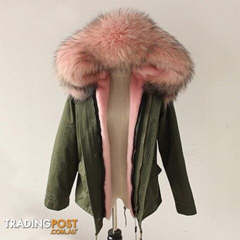 Green parka pink fur / LZippay Women Winter Army Green Jacket Coats Thick Parkas Plus Size Real Fur Collar Hooded Outwear