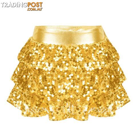 Gold / 8Zippay Kids Girls Shiny Sequins Tiered Ruffle Skirted Shorts Metallic Culottes for Latin Jazz Modern Dancing Stage Performance Costume