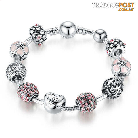 20cm LengthZippay Antique 925 Silver Charm Fit Pan Bangle & Bracelet with Love and Flower Crystal Ball for Women Wedding PA1455