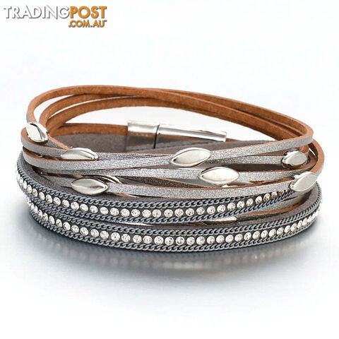 SilverZippay Leaf Charm Pink Leather Bracelets for Women Men Crystal Chain Boho Multilayer Wrap Bracelet Femme Jewelry