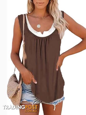 Brown / XXXLZippay Womens blouse solid color patchwork sleeveless pleated vest T-shirt