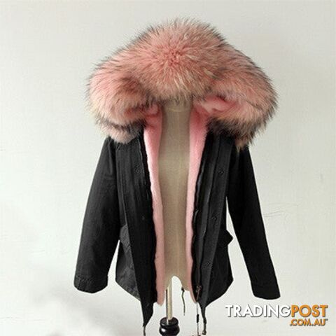 Black parka pink fur / XLZippay Women Winter Army Green Jacket Coats Thick Parkas Plus Size Real Fur Collar Hooded Outwear