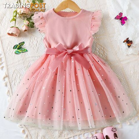 A01981-F / 18-24MZippay Girls Summer Sleeves Sequins Mesh Dresses for Kids Girls Princess Dress Baby Girl Casual Wear