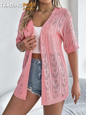 Pink / SZippay Casual Solid Color Hollow Out Knitted Cardigan Sun Proof Tops for Women