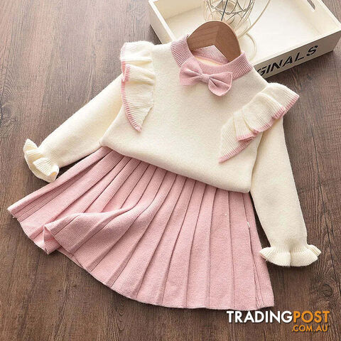 Pink / 4TZippay Casual Girls Dress Knitting Kids Suit Winter Long Sleeves Princess Top and Skirt 2pcs Outfits Sweater Kids Clothes
