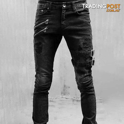 YLJ0019 black / LZippay Retro Moto Biker Straight Elastic Jeans Men Zipper Hole Streetwear Punk Skinny Denim Cargo Pants Pantalones Hombre Y2K Clothing