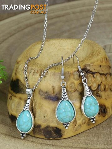 005Zippay Bohemian Holiday Style Jewelry Set Women's Water Droplet Stone Inlaid Classic Simple Earrings Short Necklace