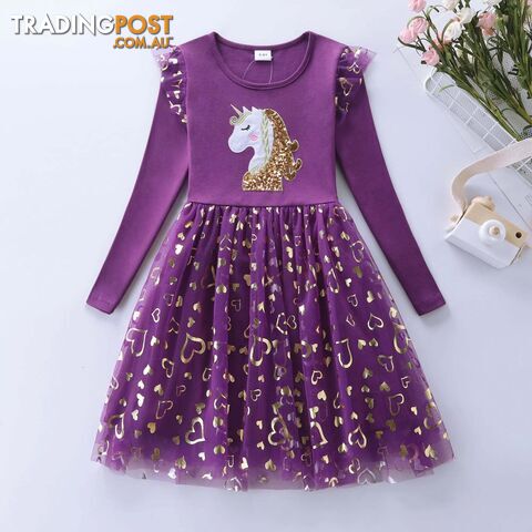 purple / 7-8YZippay Girls Autumn Long Sleeve Mesh Cartoon Unicorn Dress