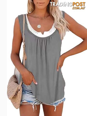 GRAY / SZippay Womens blouse solid color patchwork sleeveless pleated vest T-shirt