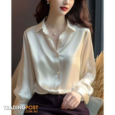 White / XL(60-65)kgZippay Women's Solid Color Polo-Neck Button Elegant Loose Long Sleeve Versatile Unique Shirt Tops