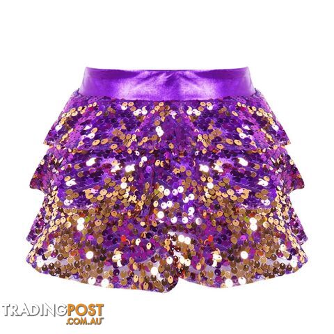 Purple / 16Zippay Kids Girls Shiny Sequins Tiered Ruffle Skirted Shorts Metallic Culottes for Latin Jazz Modern Dancing Stage Performance Costume