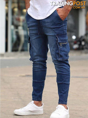 8820 Blue / XL Waist 88cmZippay Men's Slim Fit Stretch Jeans Casual Fashion Multi Pocket Cargo Denim Pants High Street Men's Jeans Work Hip Hop Trousers