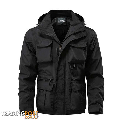 Black / XXLZippay Detachable windproof hooded jacket men's casual waterproof multi bag cargo jacket vest