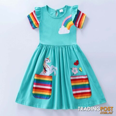 Lake Blue / 7-8YZippay Girls Short Sleeve Unicorn Dress New Summer Embroidered Two Pockets Rainbow Sleeve