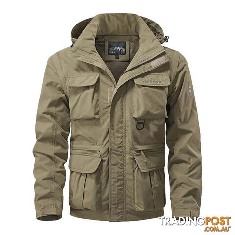 Khaki / LZippay Detachable windproof hooded jacket men's casual waterproof multi bag cargo jacket vest