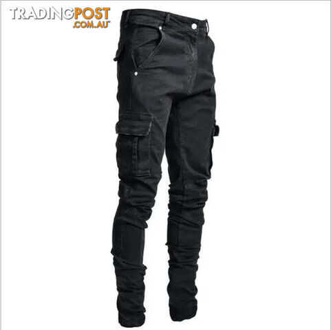 L0066 Black / M Waist 80cmZippay Men's Slim Fit Stretch Jeans Casual Fashion Multi Pocket Cargo Denim Pants High Street Men's Jeans Work Hip Hop Trousers