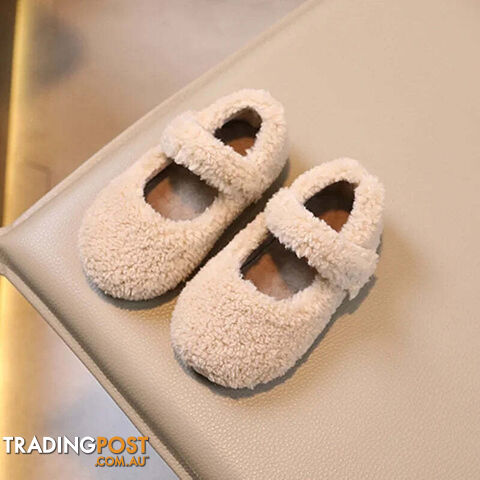 APRICOT / 26-insole15.7cmZippay Children Flat Shoes Fur Cover Toe Light Warm Kids Casual Shoe Plush Warm Non-slip Leisure Comfy Boys Girls Shoe