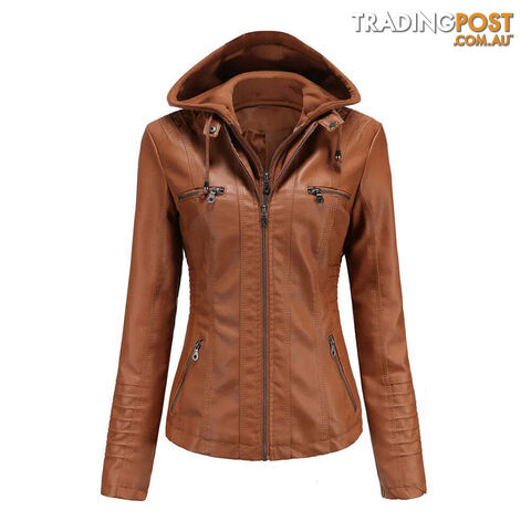 Brown / XXXLZippay Plus Size Women Hooded Leather Jacket Removable Leather Jacket