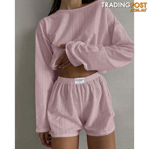 Pink / MZippay Women's Pajamas Set Spring Long Sleeve Tops With Shorts Sleepwear 2 Piece Set Loose Round Neck Home Wear Loungewear Pyjama Femme