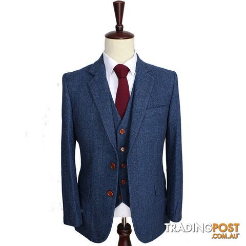 MZippay Wool Blue Herringbone Retro gentleman style custom made Men's suits tailor suit Blazer suits for men 3 piece (Jacket+Pants+Vest)