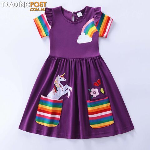 Purple / 4-5YZippay Girls Short Sleeve Unicorn Dress New Summer Embroidered Two Pockets Rainbow Sleeve