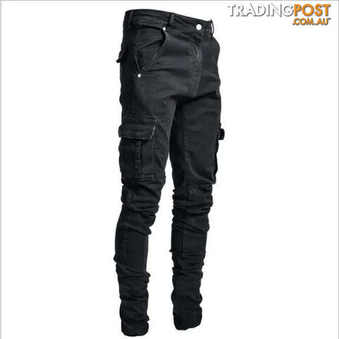 L0066 Black / XXXL 96cmZippay Men's Slim Fit Stretch Jeans Casual Fashion Multi Pocket Cargo Denim Pants High Street Men's Jeans Work Hip Hop Trousers