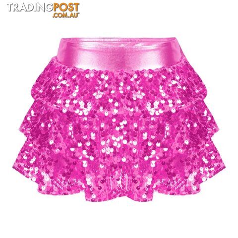 Hot Pink / 16Zippay Kids Girls Shiny Sequins Tiered Ruffle Skirted Shorts Metallic Culottes for Latin Jazz Modern Dancing Stage Performance Costume