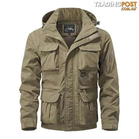 Khaki / MZippay Detachable windproof hooded jacket men's casual waterproof multi bag cargo jacket vest