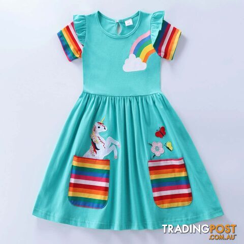 Lake Blue / 6-7YZippay Girls Short Sleeve Unicorn Dress New Summer Embroidered Two Pockets Rainbow Sleeve