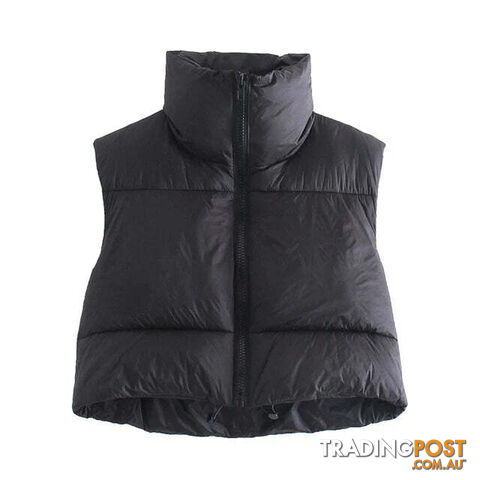 black / SZippay Women's Short Cotton Down Vest Short Stand-up Collar Warm Sleeveless Quilted Vest Outdoor Travel Jacket Tops