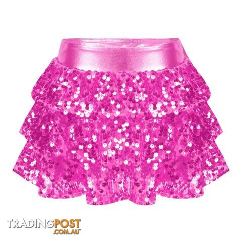 Hot Pink / 12Zippay Kids Girls Shiny Sequins Tiered Ruffle Skirted Shorts Metallic Culottes for Latin Jazz Modern Dancing Stage Performance Costume