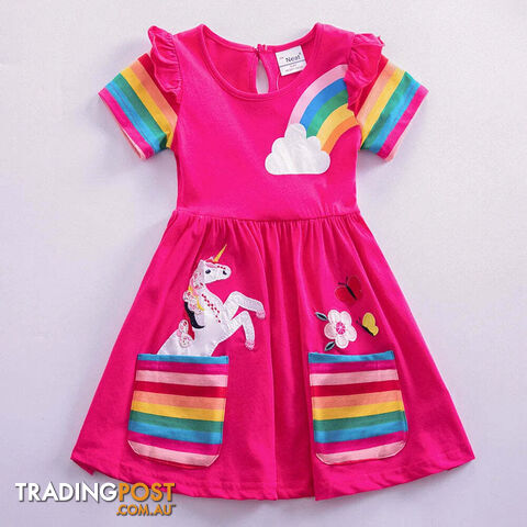Fuchsia / 4-5YZippay Girls Short Sleeve Unicorn Dress New Summer Embroidered Two Pockets Rainbow Sleeve