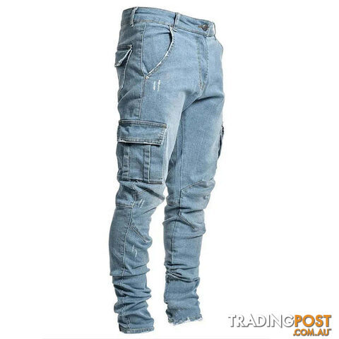 L0066 Blue / M Waist 80cmZippay Men's Slim Fit Stretch Jeans Casual Fashion Multi Pocket Cargo Denim Pants High Street Men's Jeans Work Hip Hop Trousers