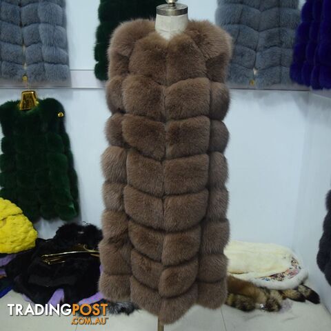 khaki / XL chest 100cmZippay 90CM Natural Real Fox Fur Vest Winter Long Thick Women Genuine Fur Vest Jacket Pockets Real Fur Vest Coats for Women