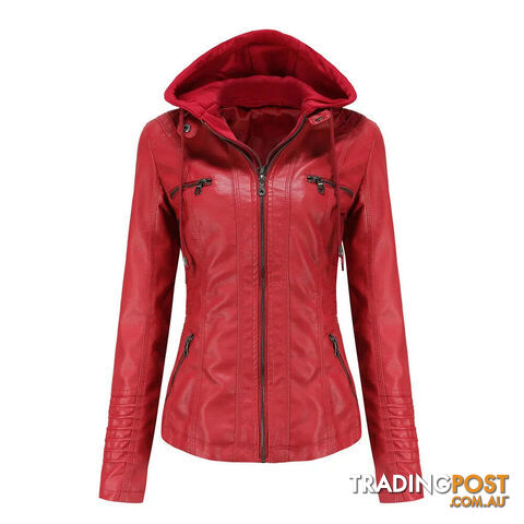 Red / XSZippay Plus Size Women Hooded Leather Jacket Removable Leather Jacket
