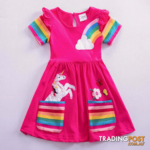 Fuchsia / 3-4YZippay Girls Short Sleeve Unicorn Dress New Summer Embroidered Two Pockets Rainbow Sleeve