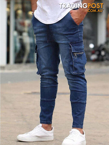 8820 Blue / XXXL 96cmZippay Men's Slim Fit Stretch Jeans Casual Fashion Multi Pocket Cargo Denim Pants High Street Men's Jeans Work Hip Hop Trousers