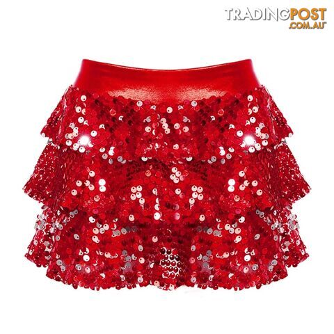 Red / 16Zippay Kids Girls Shiny Sequins Tiered Ruffle Skirted Shorts Metallic Culottes for Latin Jazz Modern Dancing Stage Performance Costume
