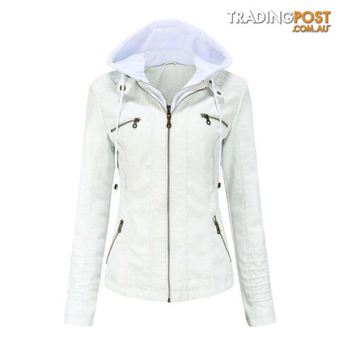 WHITE / XXXLZippay Plus Size Women Hooded Leather Jacket Removable Leather Jacket