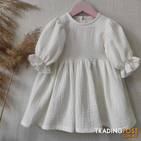 WHITE / 5TZippay Children's Organic Cotton Double Gauze Loose Pockets Baby Girls Dress Fashion Princess Casual Kids Dresses