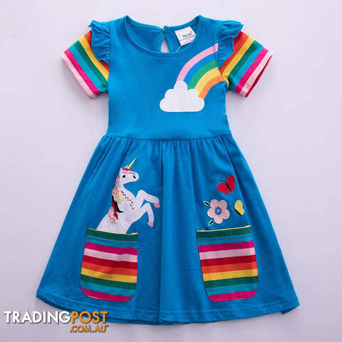Blue / 6-7YZippay Girls Short Sleeve Unicorn Dress New Summer Embroidered Two Pockets Rainbow Sleeve