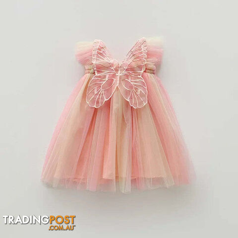 Orange Pink Rainbow / 5TZippay Girls Organza Wings Rainbow Mesh Dress Sleeve Baby Princess Dress Birthday Party