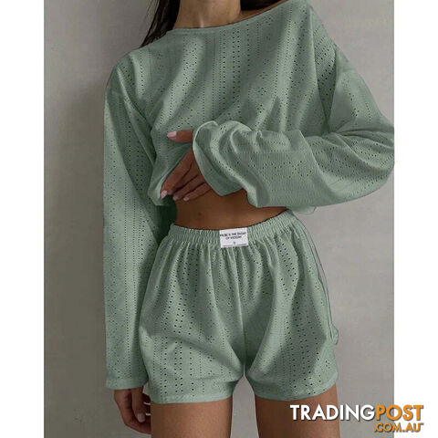 Green / XLZippay Women's Pajamas Set Spring Long Sleeve Tops With Shorts Sleepwear 2 Piece Set Loose Round Neck Home Wear Loungewear Pyjama Femme